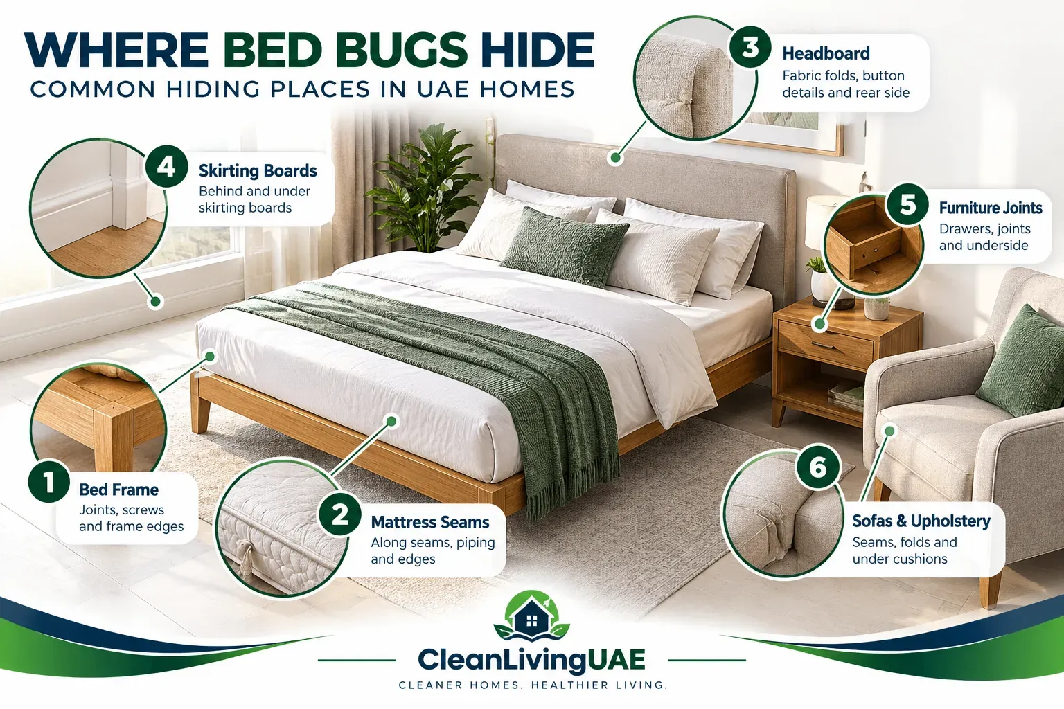 Diagram of common bed bug hiding places around a bed, headboard, skirting and nearby furniture
