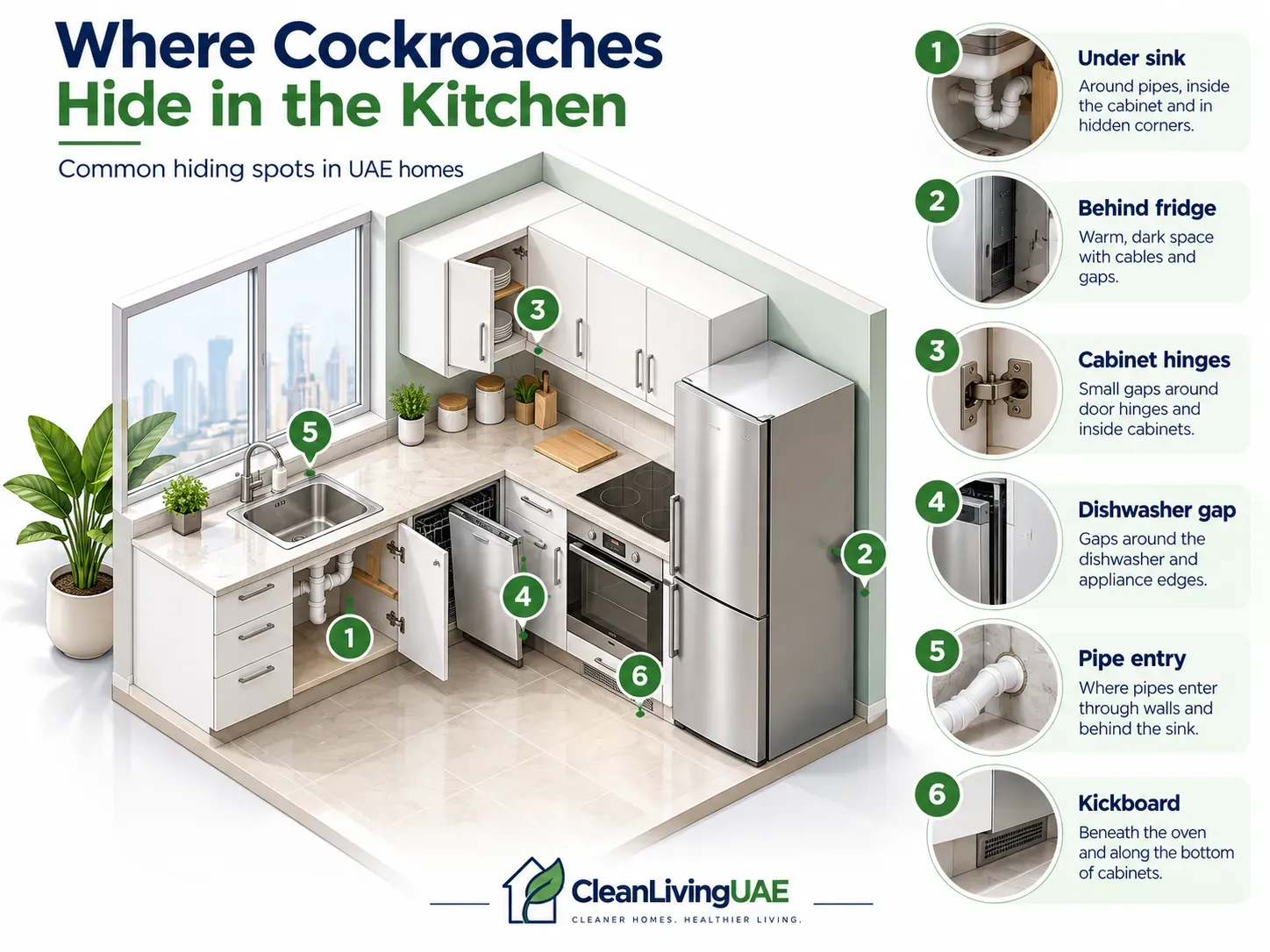 Diagram of a UAE apartment kitchen showing common cockroach hiding spots under the sink, behind the fridge and in cabinet hinges