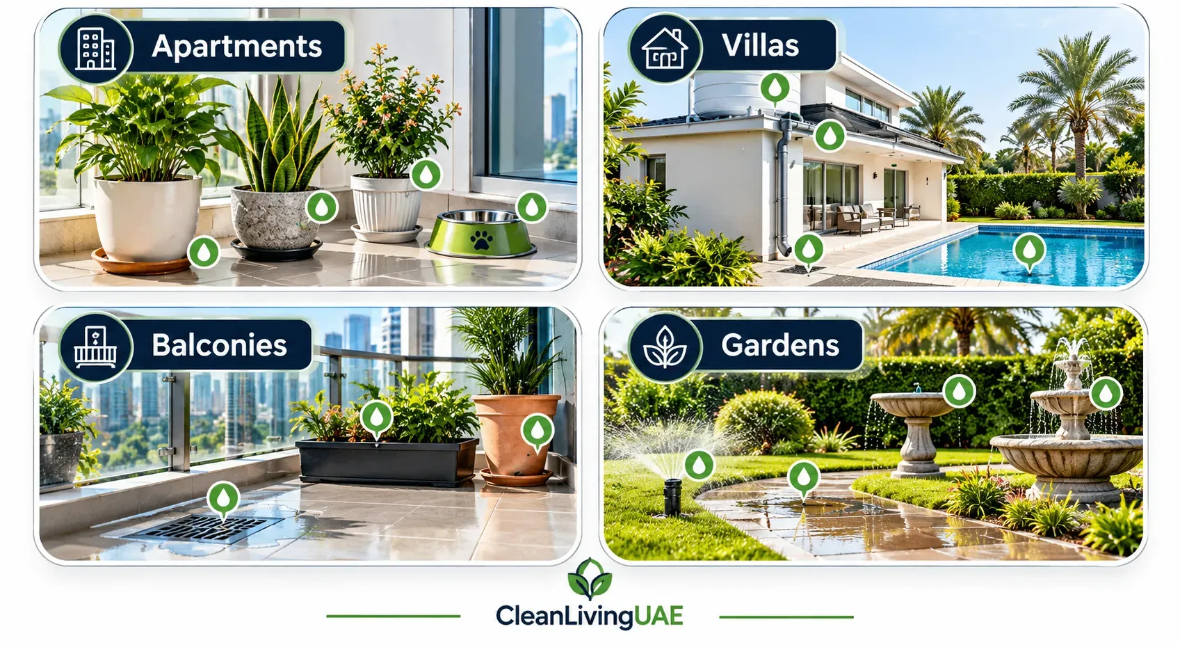 Infographic of common mosquito breeding spots in UAE apartments, villas, balconies and gardens