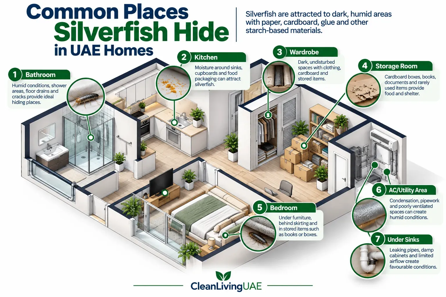 Apartment cutaway marking damp hiding areas in the bathroom, under the sink, wardrobe, kitchen, storeroom and AC utility area