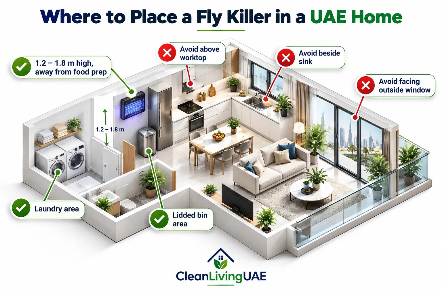 Diagram showing where to place a fly killer in a UAE home, away from food and sinks and near bins and entrances
