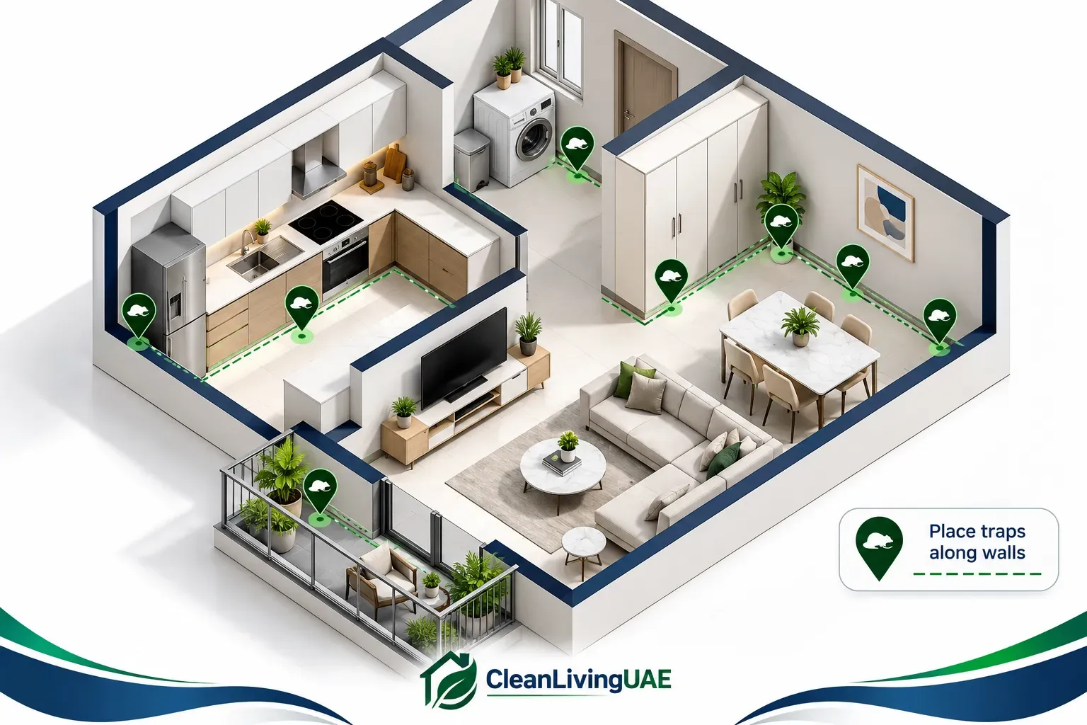 Apartment floor plan showing rat trap placement along walls, behind appliances, under the sink and in storage areas