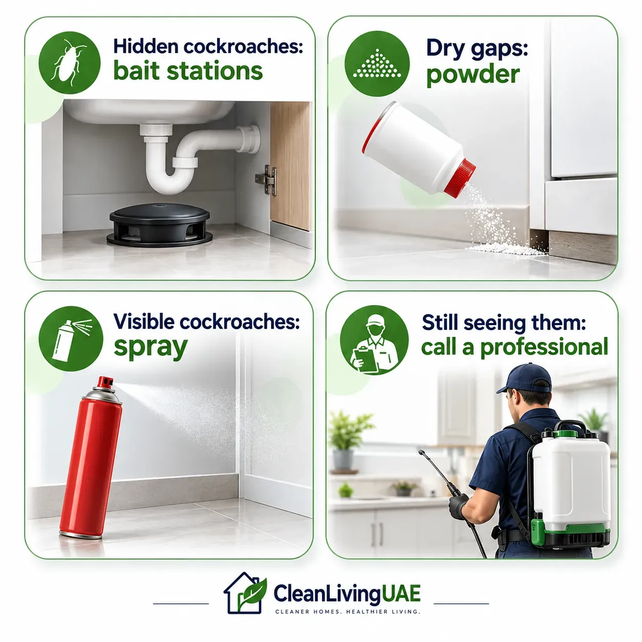 Infographic showing when to use bait stations, powder, spray or a pest-control company for cockroaches