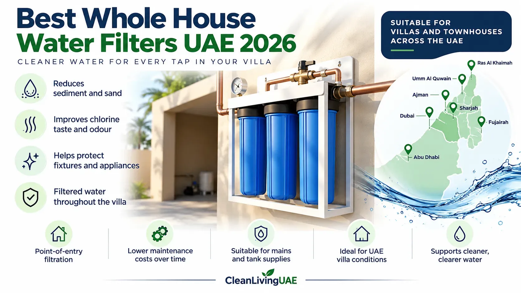 Three-stage whole house water filter with blue housings and a pressure gauge on a UAE villa wall, beside a map of the seven emirates