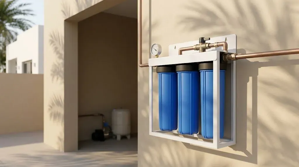 Whole house water filter with sediment and carbon housings connected to the main water line of a UAE villa utility area