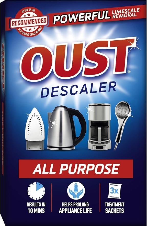 Oust All Purpose Descaler pack containing three 25 ml treatment sachets