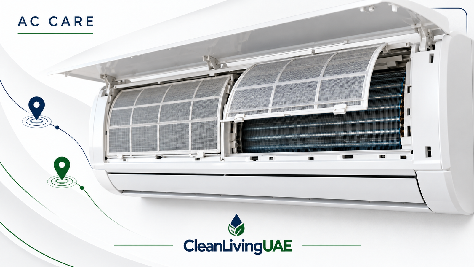 CleanLivingUAE AC care illustration showing a split air conditioner with its filter and evaporator coil visible