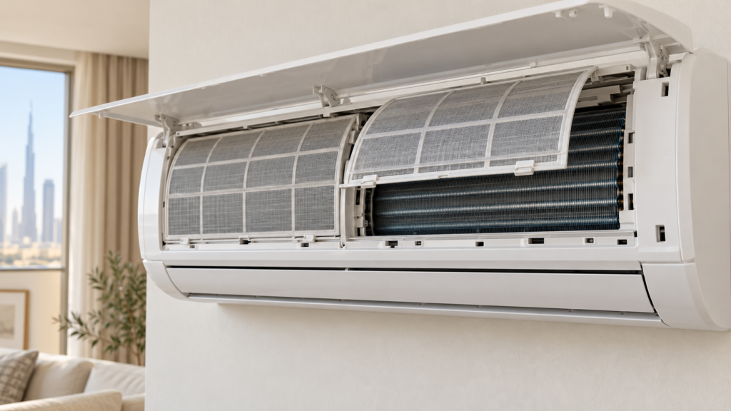 Wall-mounted split air conditioner with its front panel open, showing the filter and evaporator coil