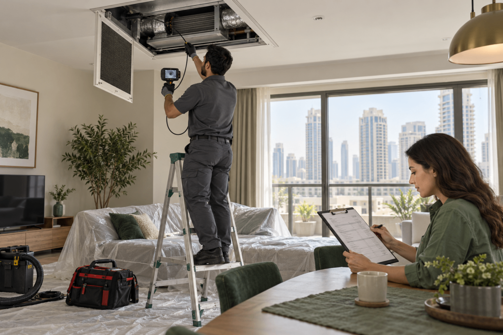 Technician inspecting a ceiling AC system in a UAE apartment before providing a cleaning quotation.