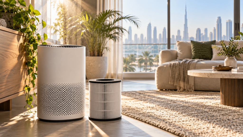 Air purifier and replacement filter in a UAE apartment living room