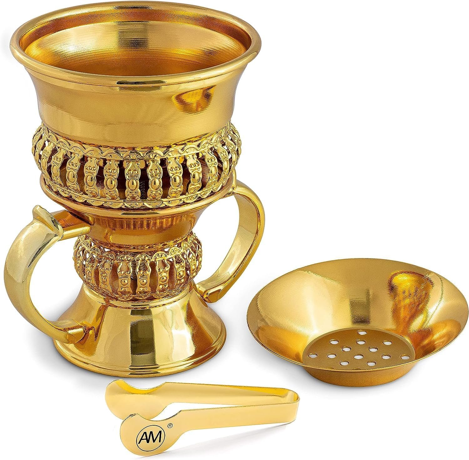 AM gold metal charcoal bakhoor burner with handles, tongs and ash tray