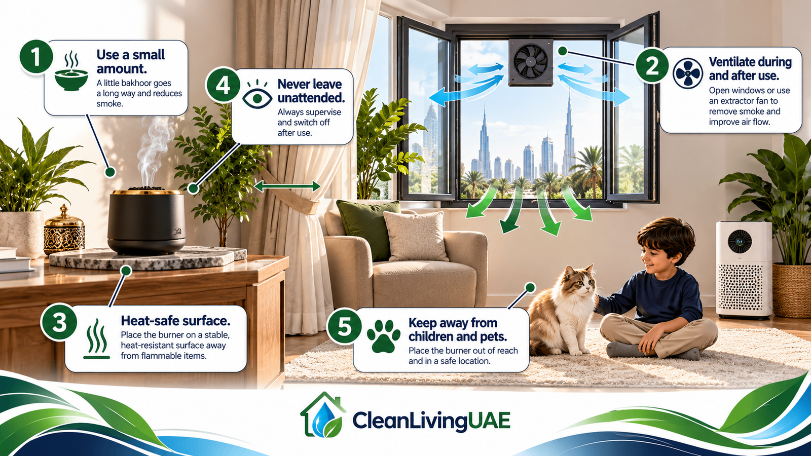 Infographic of bakhoor burner safety tips including ventilation, heat-safe placement and keeping children and pets away