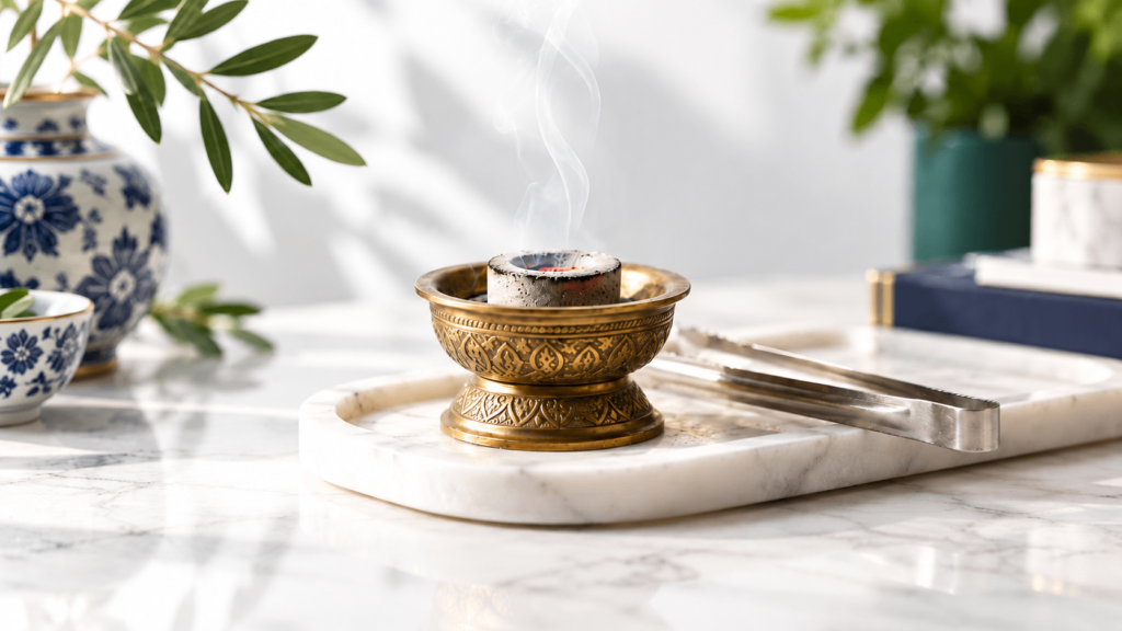 bakhoor-charcoal-uae-hero-Bakhoor charcoal glowing in a metal mabkhara on a heat-resistant tray