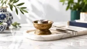 bakhoor-charcoal-uae-hero-Bakhoor charcoal glowing in a metal mabkhara on a heat-resistant tray
