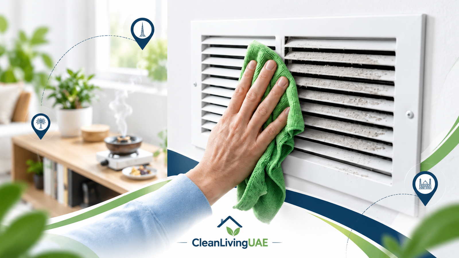Microfibre cloth wiping dust and fragrance residue from an AC vent grille in a home where bakhoor is burned