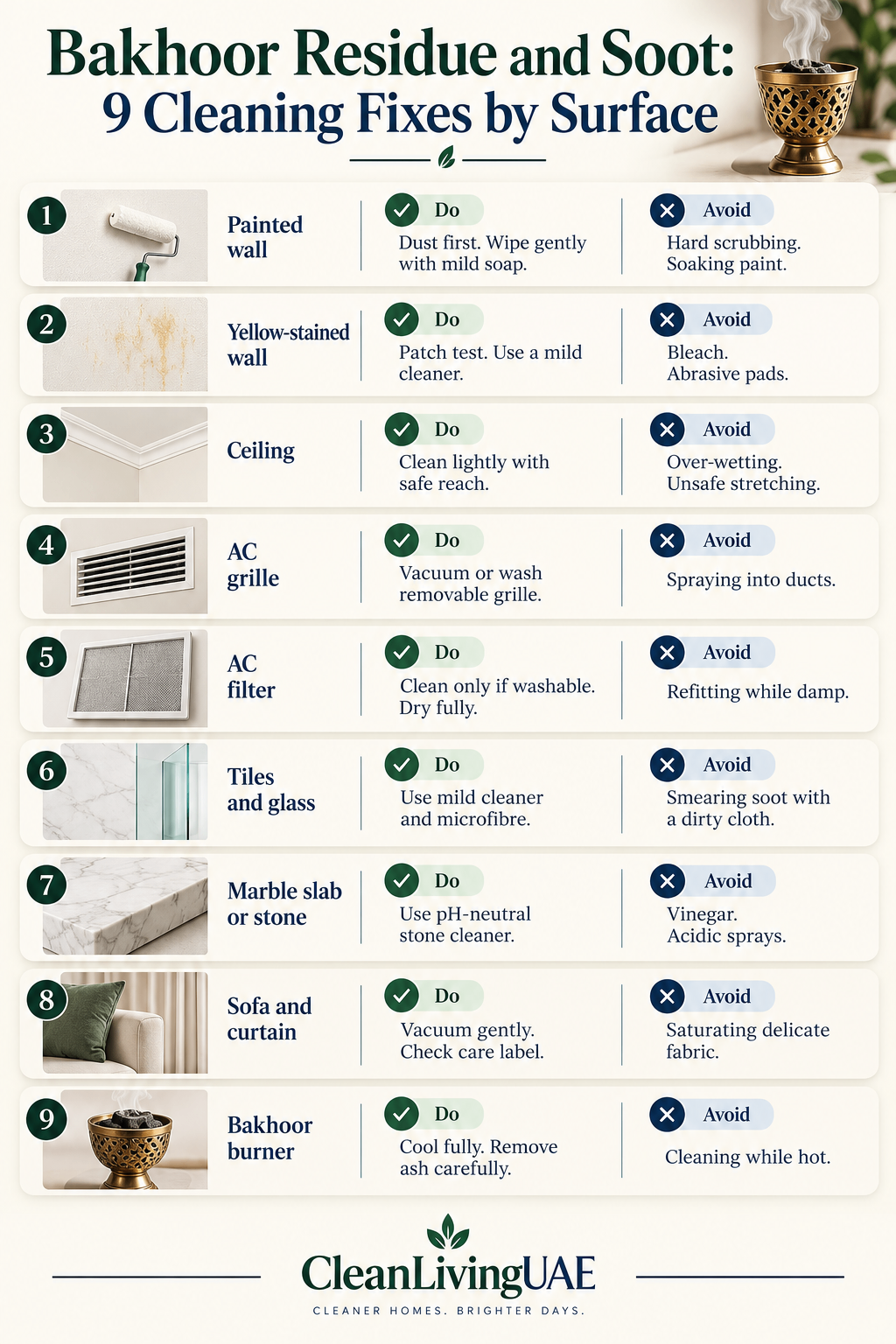 Infographic showing how to remove bakhoor residue and soot from nine household surfaces