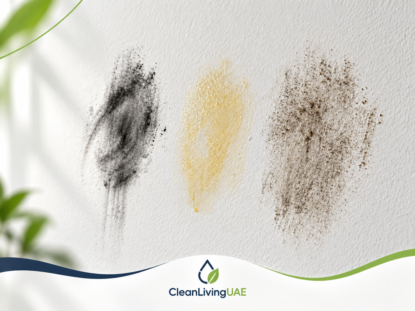 Close-up of soot, yellow film and dusty residue on a painted wall