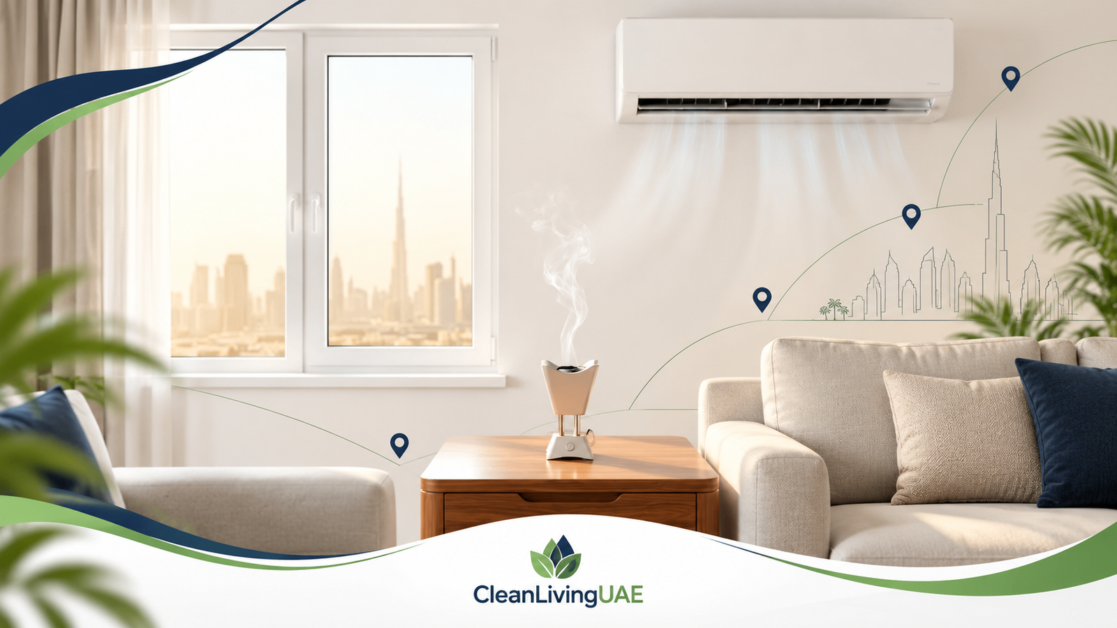 Electric bakhoor burner releasing a thin wisp of smoke in a UAE apartment living room with air conditioning and closed windows