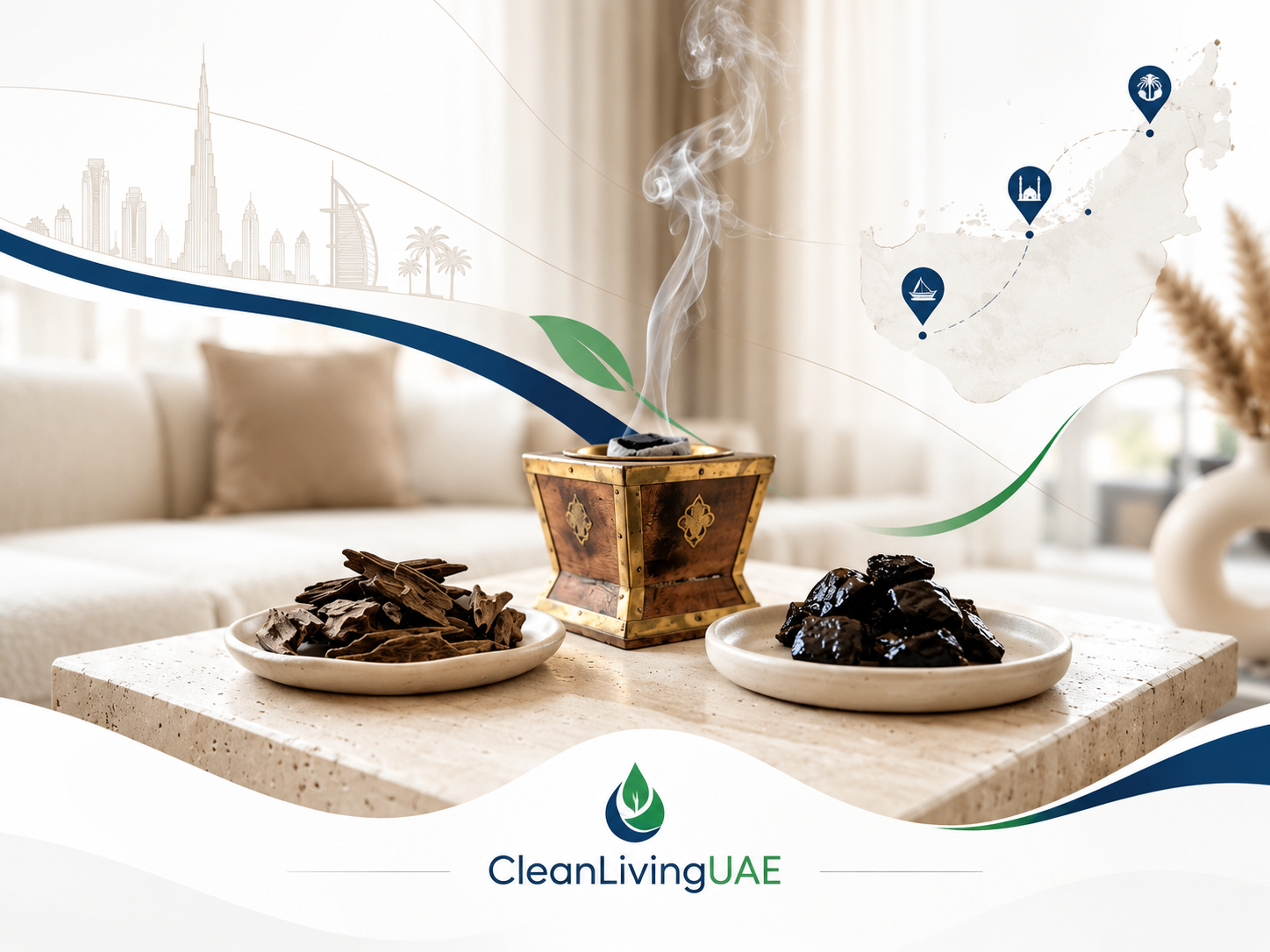 Natural oud chips and oil-treated bakhoor in separate dishes beside a traditional mabkhara in a UAE apartment