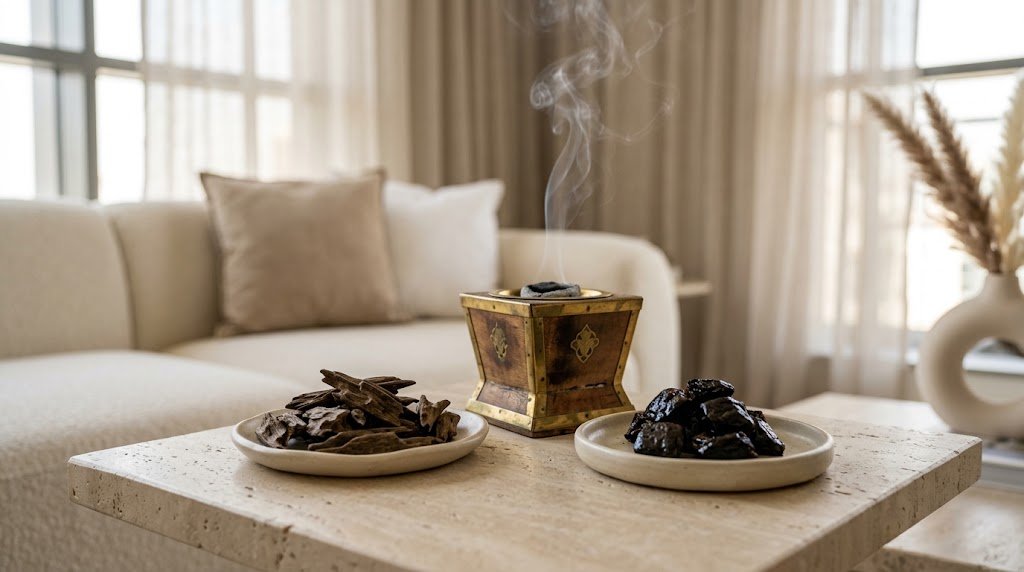 Natural oud chips and oil-treated bakhoor in separate dishes beside a traditional mabkhara in a UAE apartment-hero
