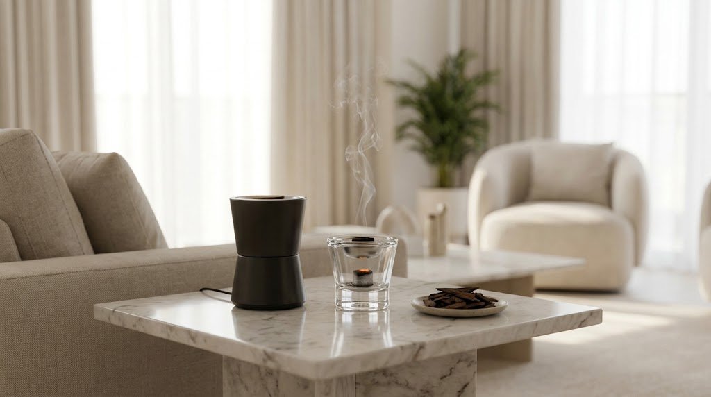 Hero - Electric and charcoal bakhoor burners on a side table in a bright UAE apartment living room