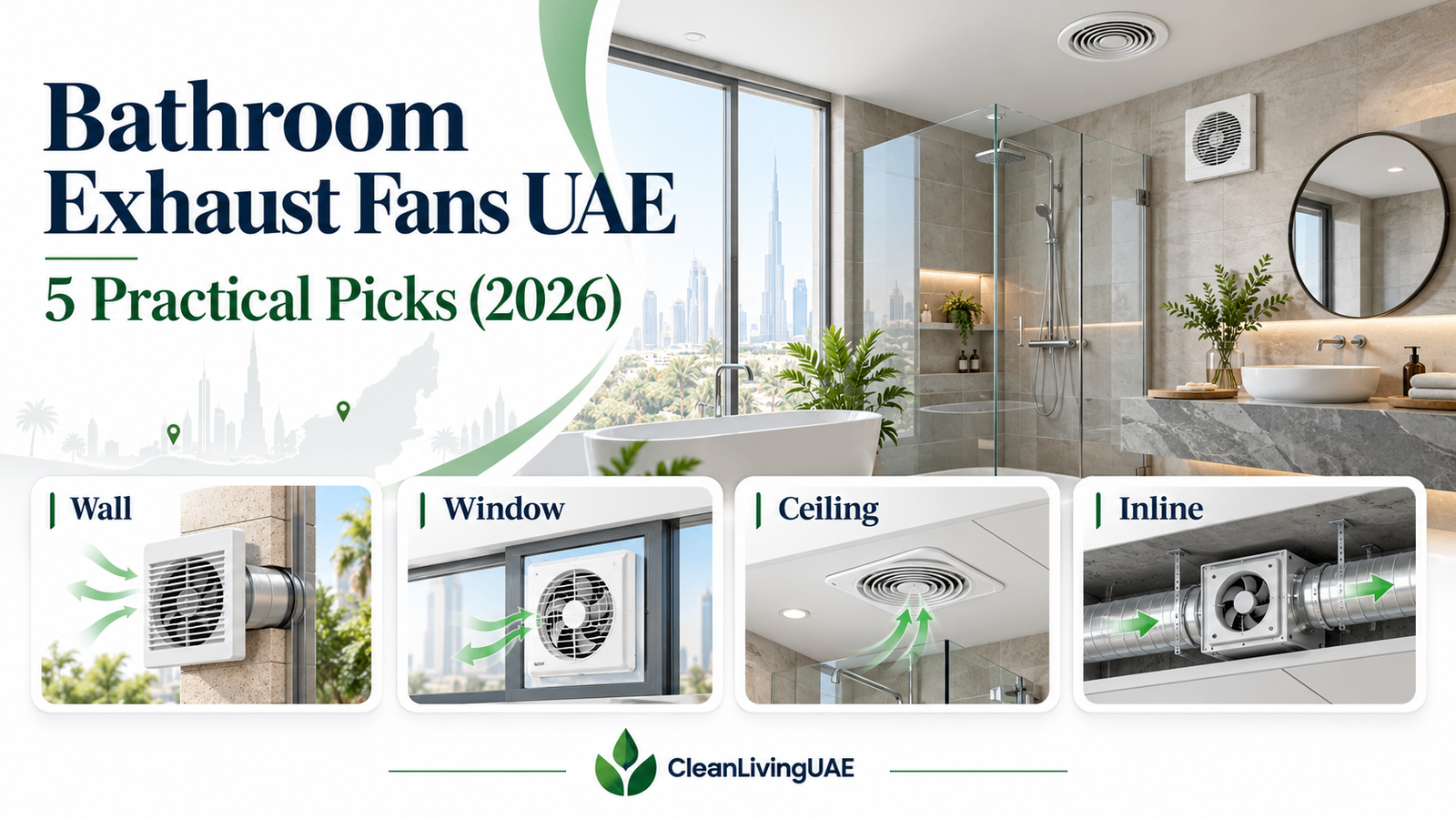 Bathroom exhaust fans UAE guide showing wall, window, ceiling and inline mounting options