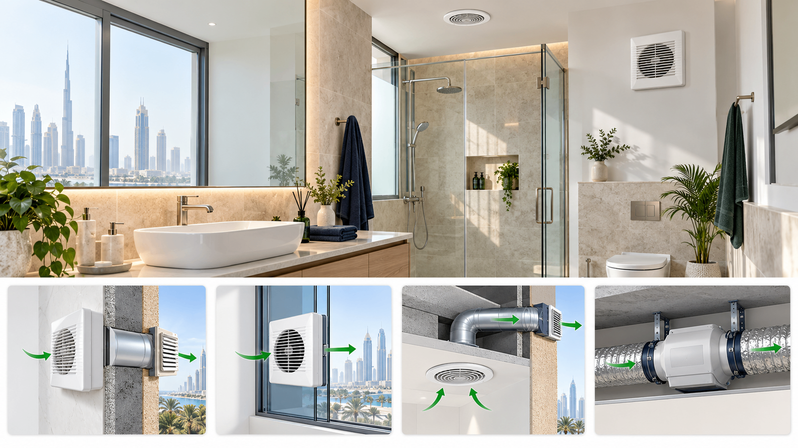 UAE bathroom with wall extractor and ceiling grille