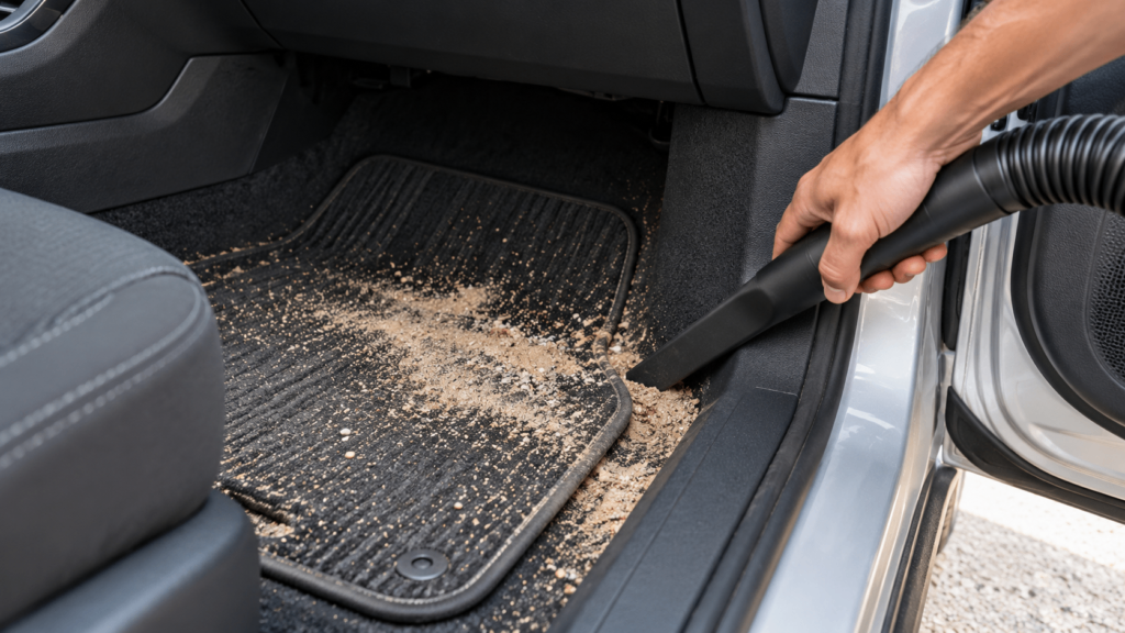 car vacuum cleaner-Car vacuum crevice tool removing sand from a car footwell