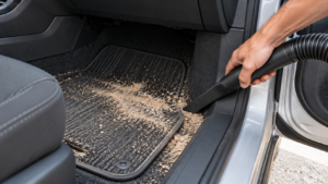 car vacuum cleaner-Car vacuum crevice tool removing sand from a car footwell