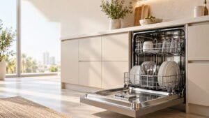 Open dishwasher with stainless-steel racks in a neutral contemporary kitchen, illustrating dishwasher cleaning for UAE homes.