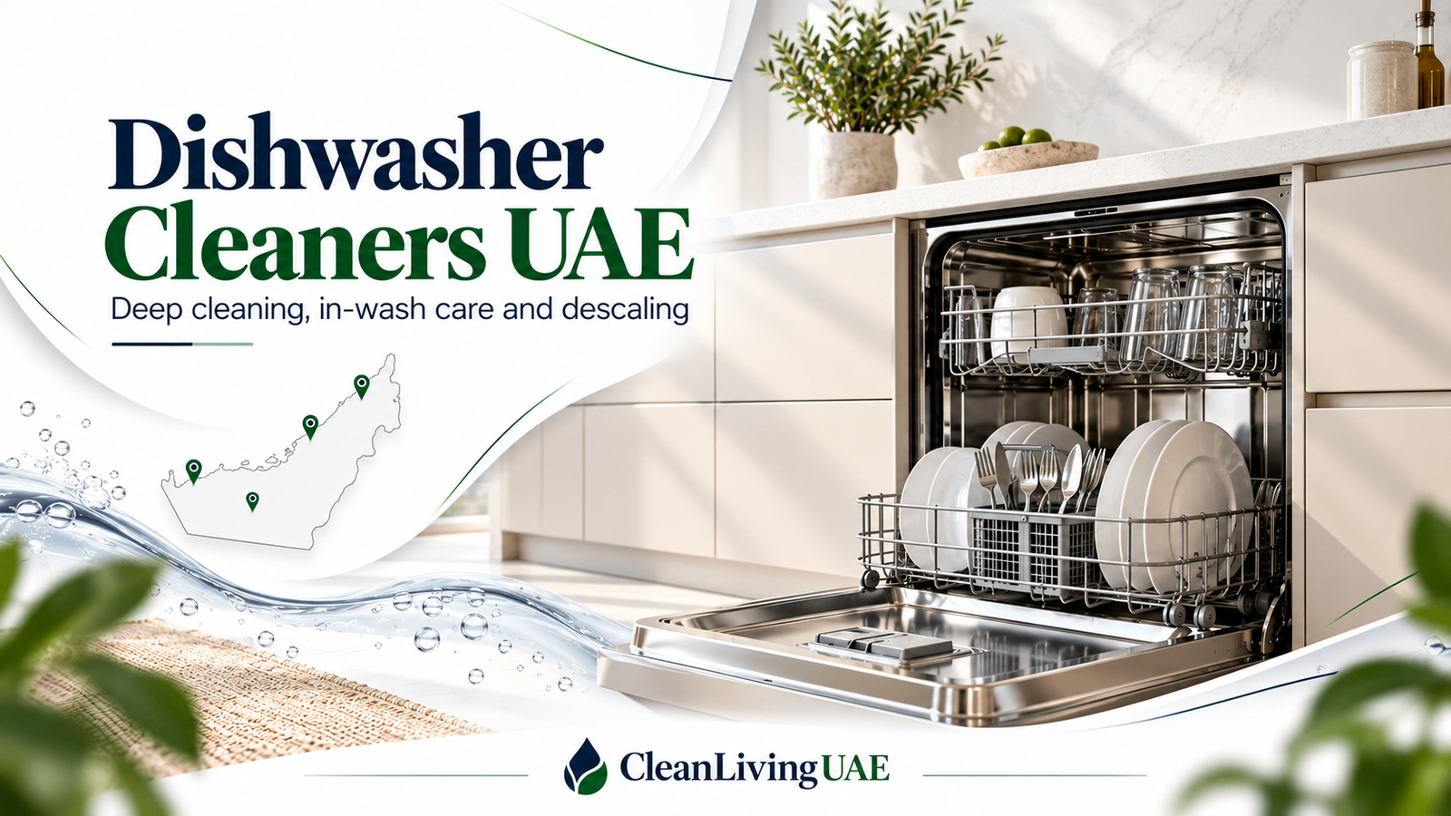 Open stainless-steel dishwasher in a modern kitchen with Dishwasher Cleaners UAE title and CleanLivingUAE branding.