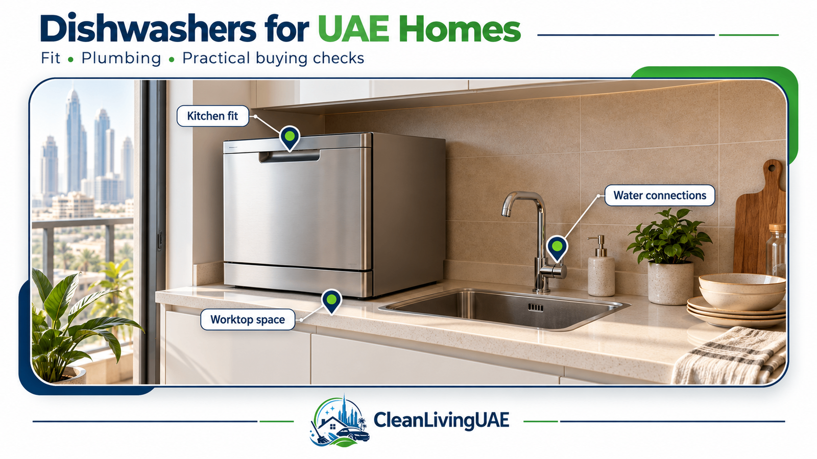 Countertop dishwasher beside a sink in a compact UAE apartment kitchen