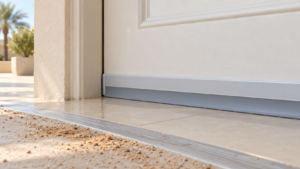 Door draft stopper graphic showing a door bottom seal meeting a tiled floor
