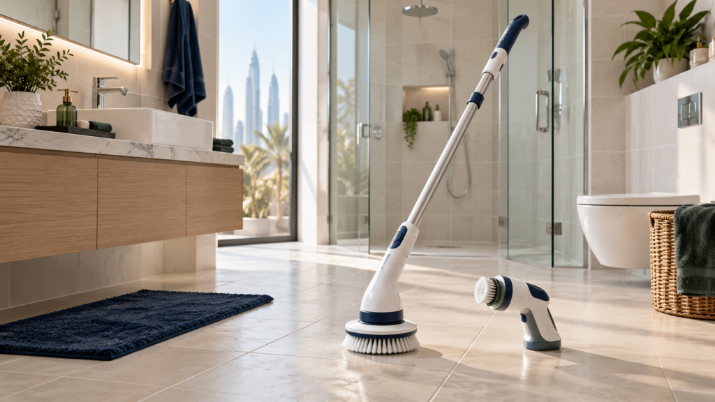 Cordless electric spin scrubbers in a tiled UAE bathroom