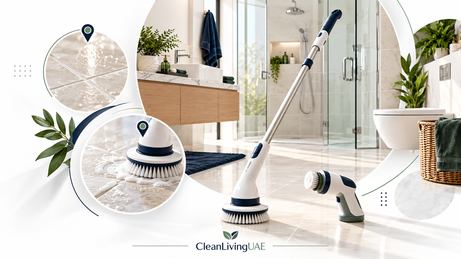 Long-handle and handheld electric spin scrubbers in a UAE bathroom
