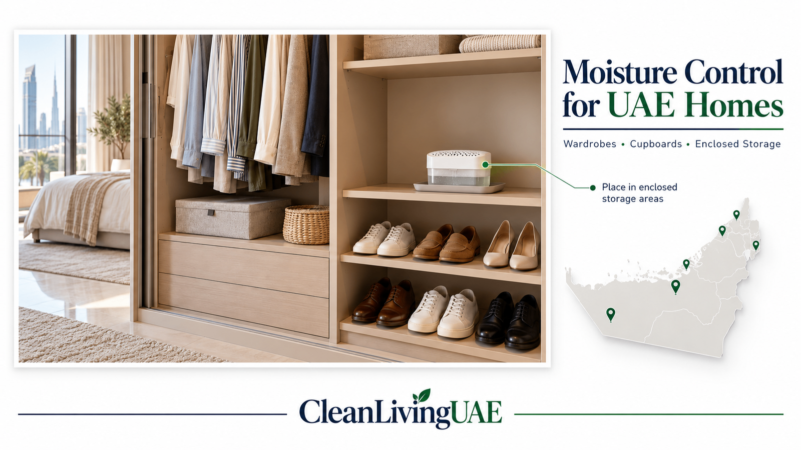 Moisture control for UAE homes with a passive absorber in wardrobe storage