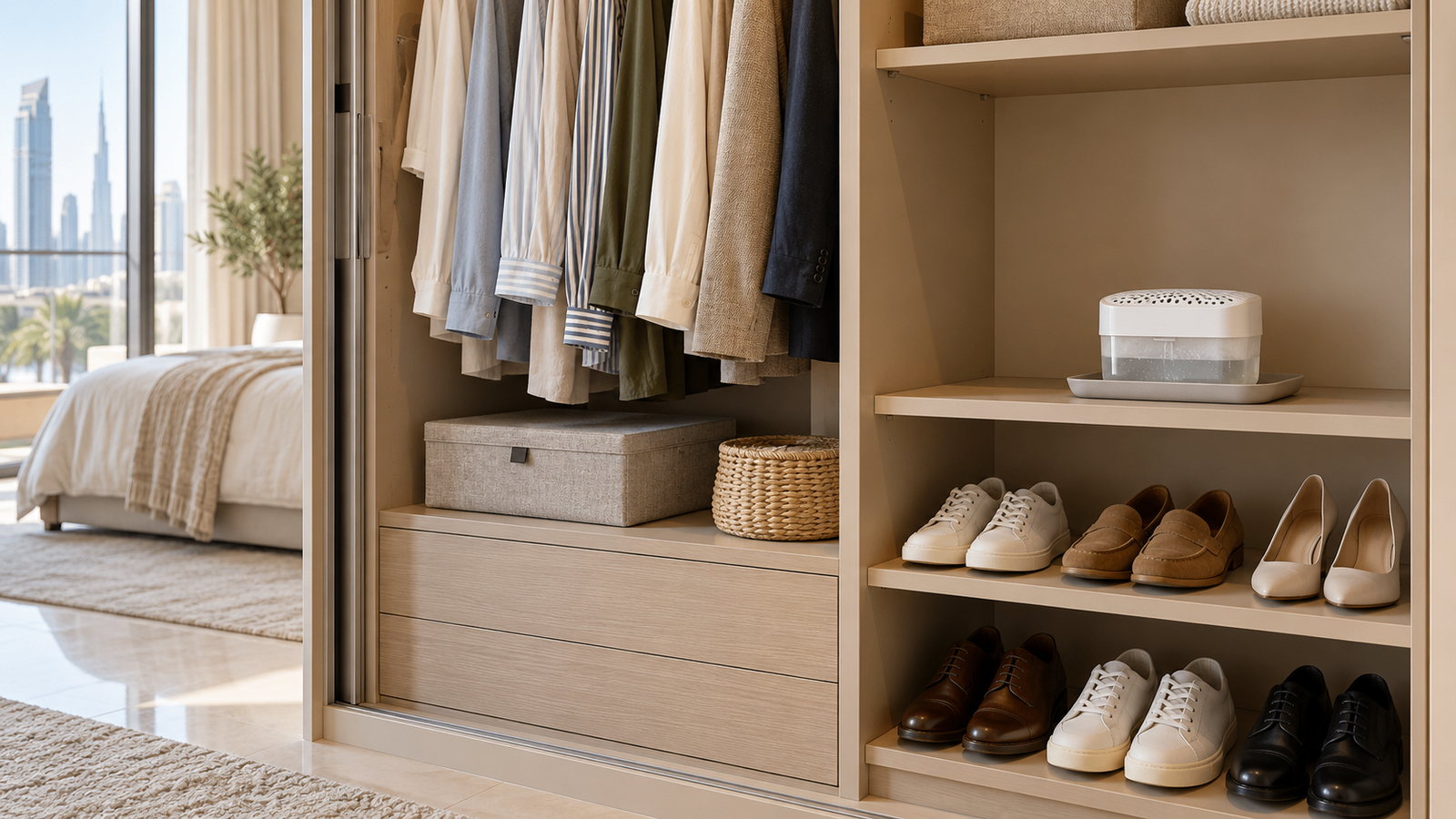 Passive moisture absorber inside a wardrobe in a UAE apartment
