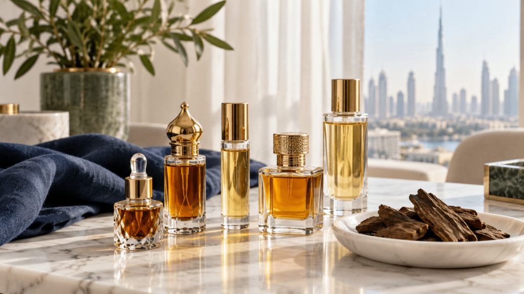 best-oud-oils-uae-hero-Five oud oil and attar bottles of different sizes on a marble dressing table in a UAE apartment