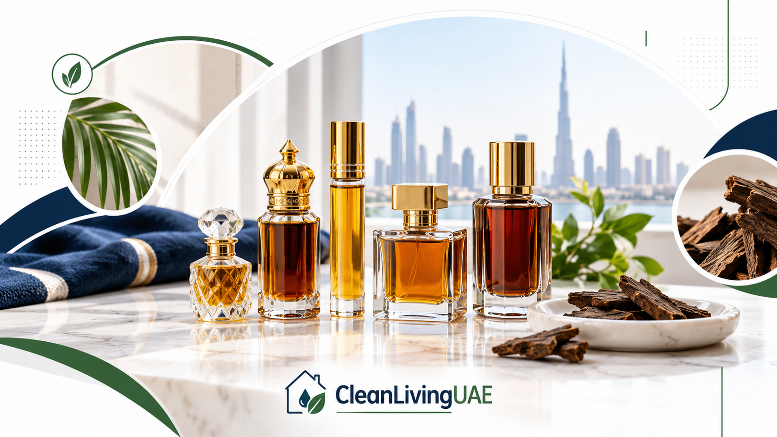 Five oud oil and attar bottles of different sizes on a marble dressing table in a UAE apartment