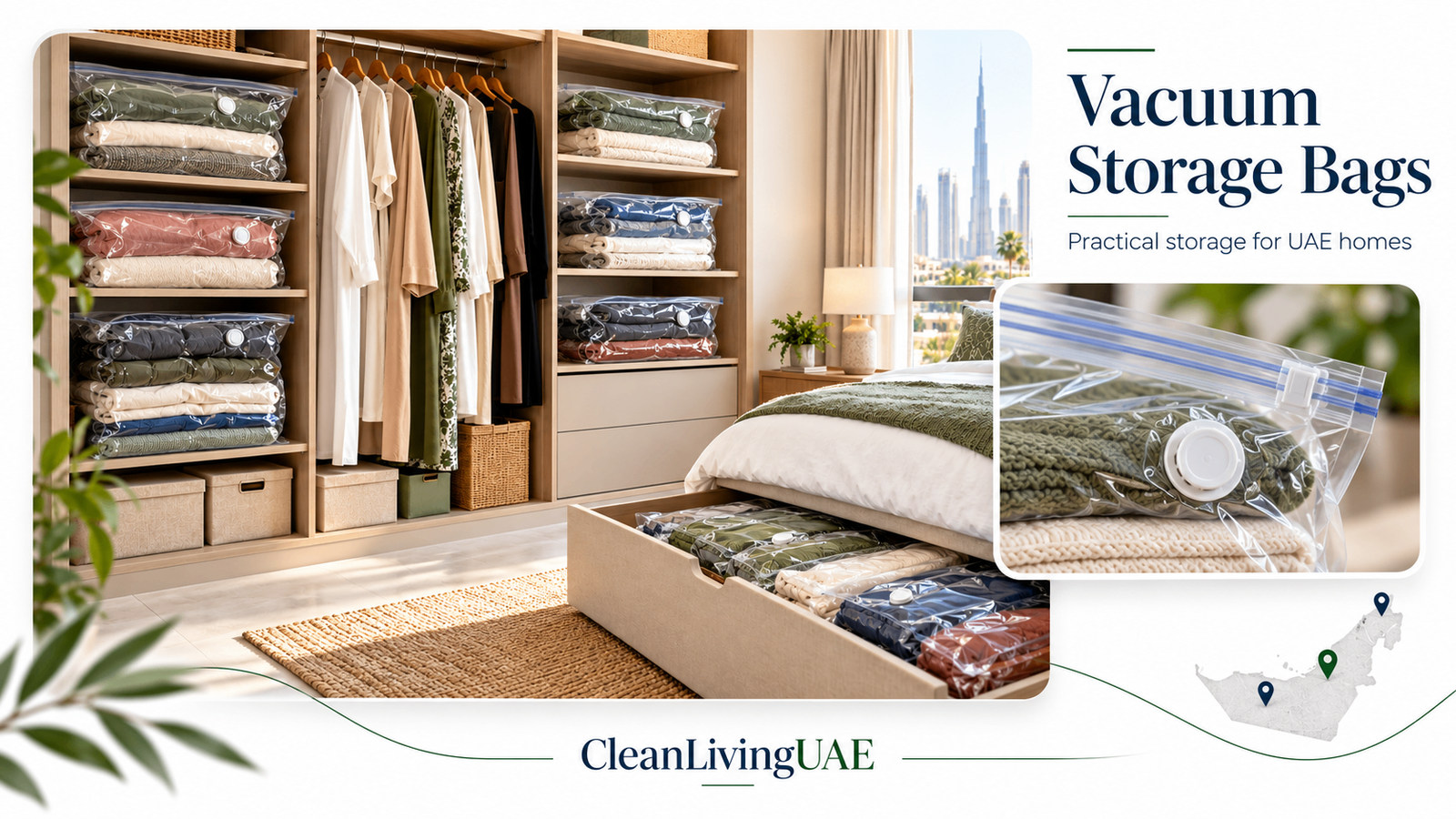 CleanLivingUAE graphic showing vacuum storage bags in a wardrobe and under-bed drawer, with a close-up of the zipper and valve