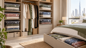 Vacuum storage bags holding folded blankets and clothing in an apartment wardrobe and under-bed drawer