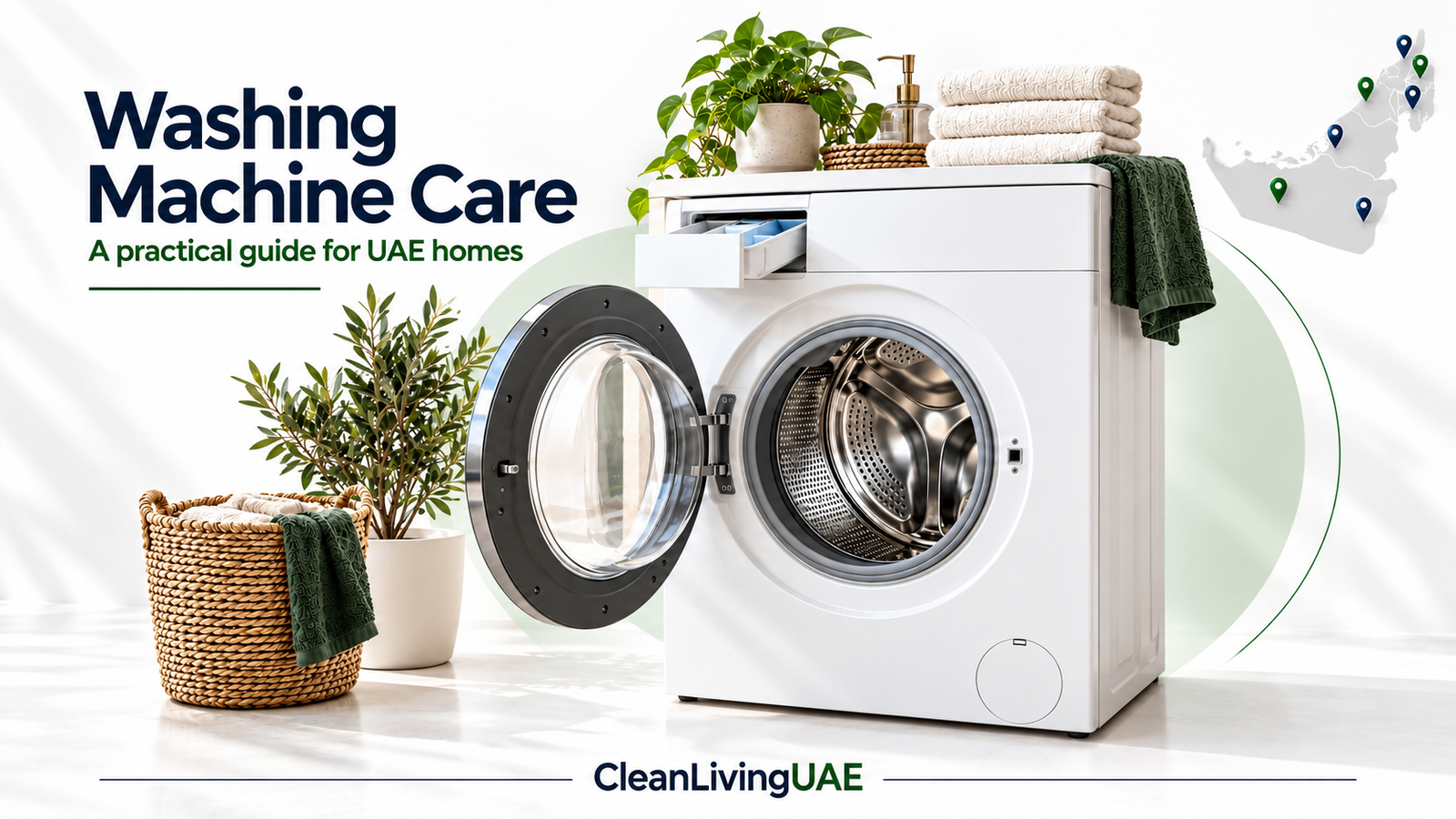 Washing machine with an open drum and detergent drawer in a UAE home laundry area.