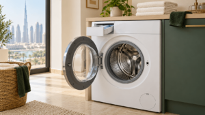 Washing Machine Care graphic showing an open front-load washer, folded towels and a UAE map.