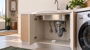 Water leak sensor beneath sink plumbing with close-up views of appliance and water heater connections