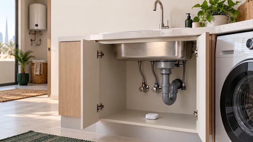 Water leak sensor beneath sink plumbing with close-up views of appliance and water heater connections