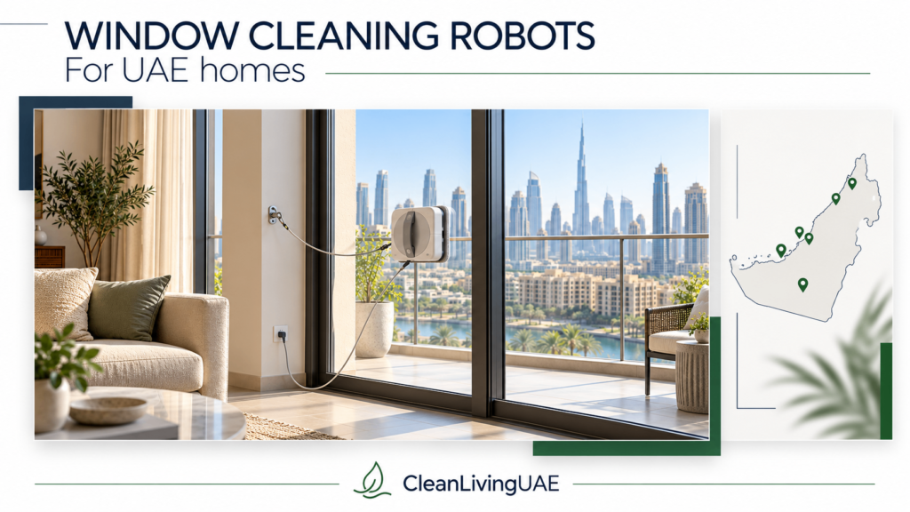 Window cleaning robot attached to balcony door glass in a UAE apartment