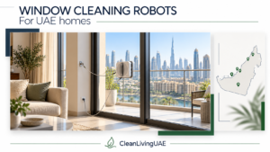Window cleaning robot attached to balcony door glass in a UAE apartment
