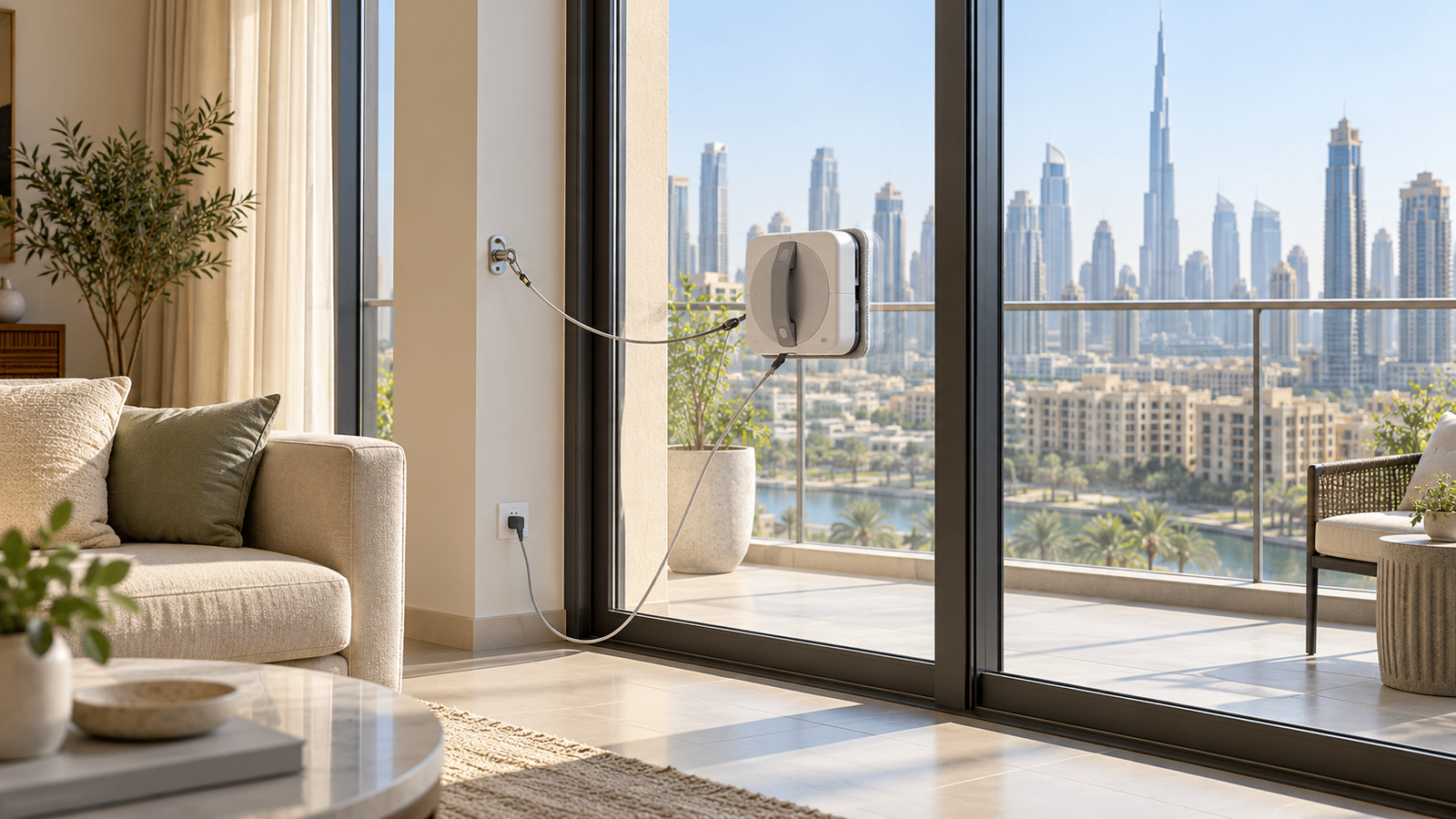 Window cleaning robot attached to balcony door glass in a UAE apartment