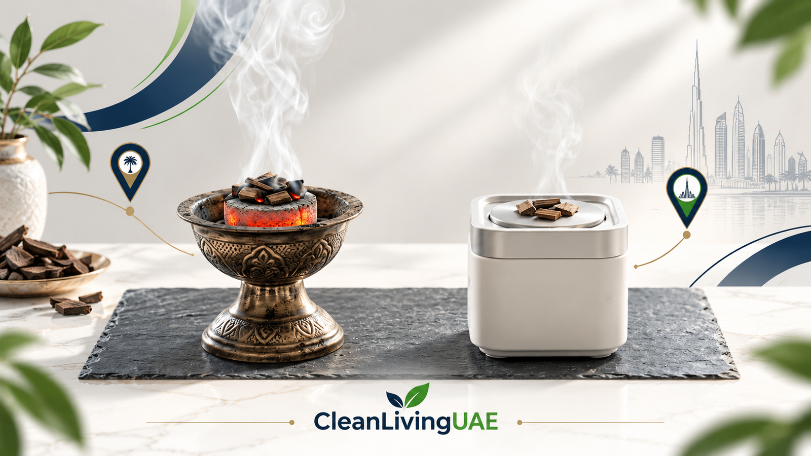Traditional charcoal mabkhara beside an electric bakhoor burner, both heating bakhoor chips