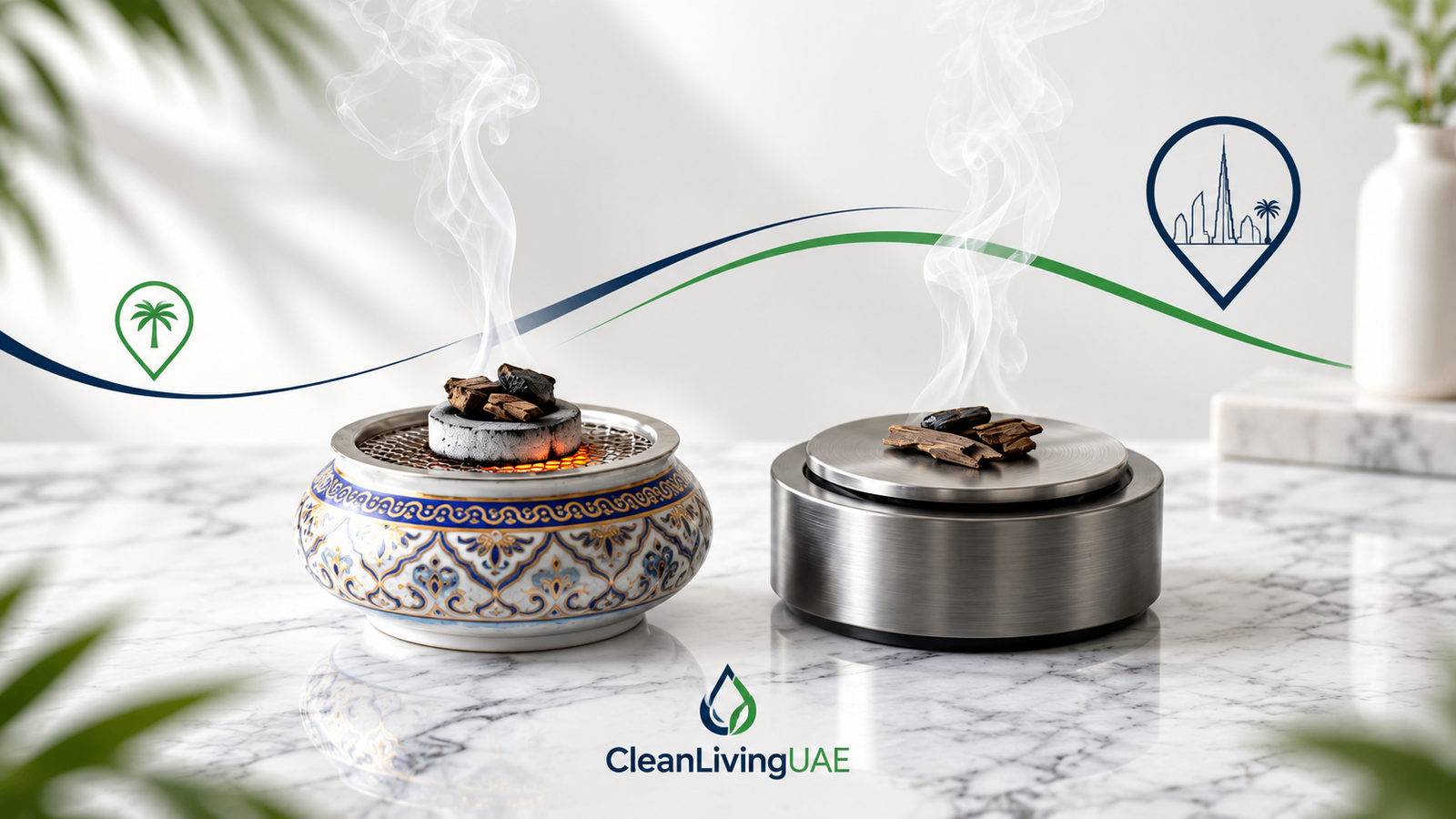 Traditional charcoal mabkhara beside an electric incense burner, both heating aromatic wood chips